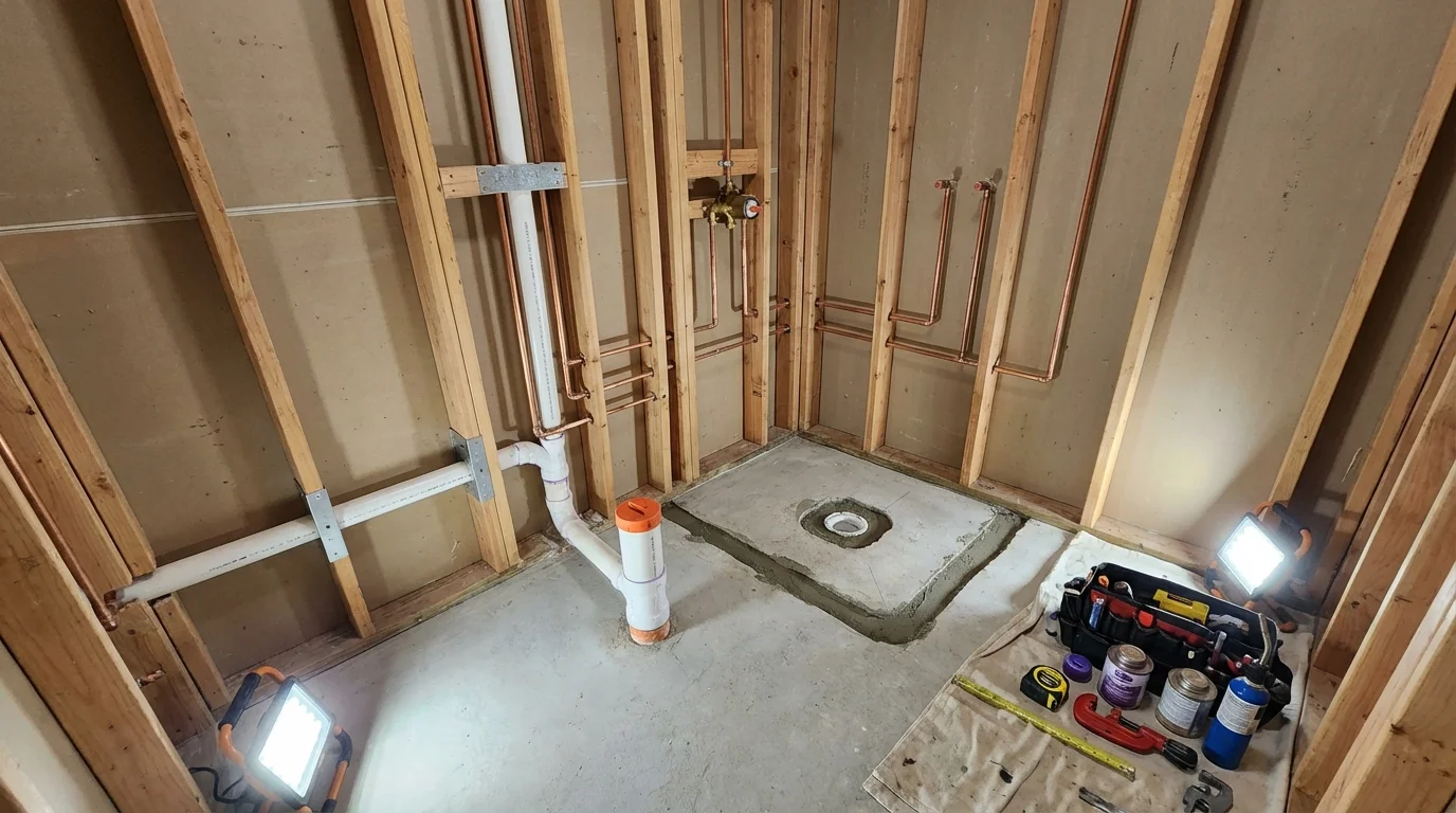 Bathroom rough-in plumbing during remodel by Johns Plumbing LLC in Newberg