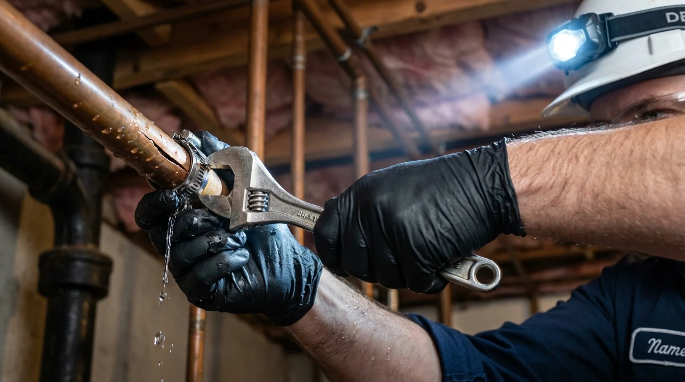 Emergency pipe clamp repair being performed by a Johns Plumbing LLC plumber in Newberg