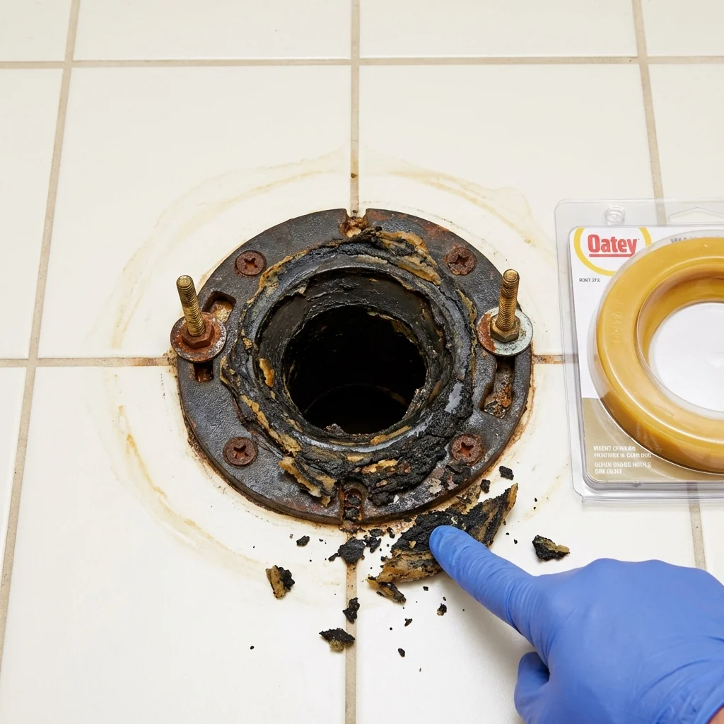 Failed wax ring showing water seepage at the base of a toilet in a Newberg, OR home