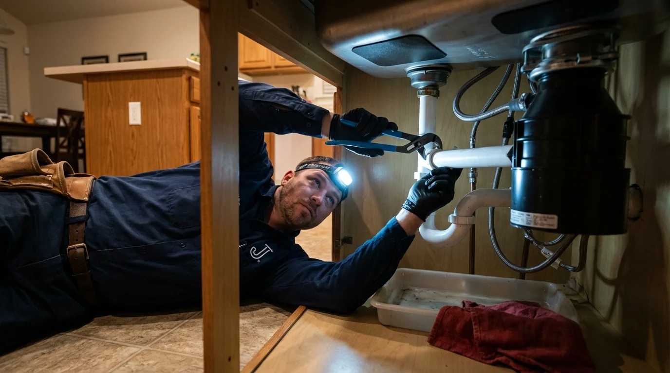 P-trap and supply line connections under a kitchen sink showing a common leak point in Newberg, OR